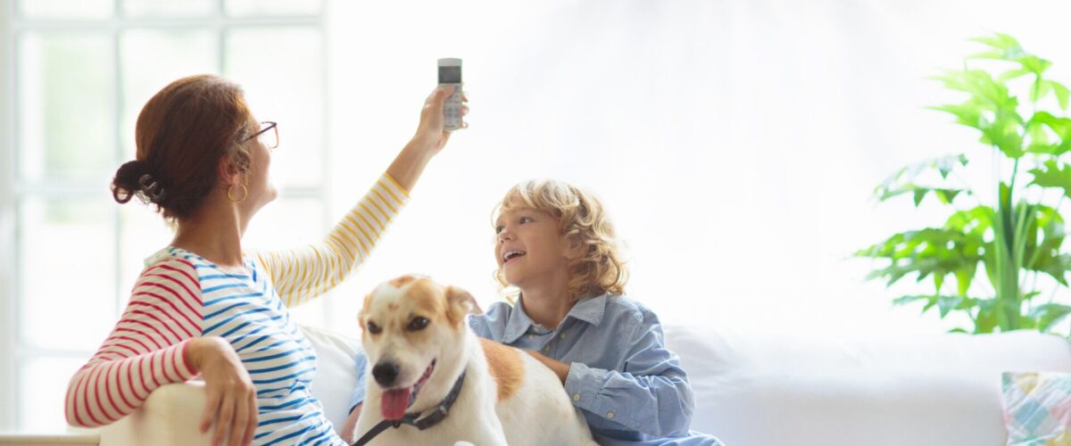 Mother and child with air conditioner remote control. Comfortable temperature at family home. Cooling and heating device. Mom and kid on couch under cold breeze. Air conditioning on hot summer day.